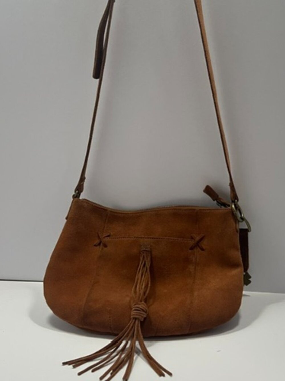 Lucky Brand Carmen Suede Leather w/Tassel Crossbody Bag Adjustable Strap Brown